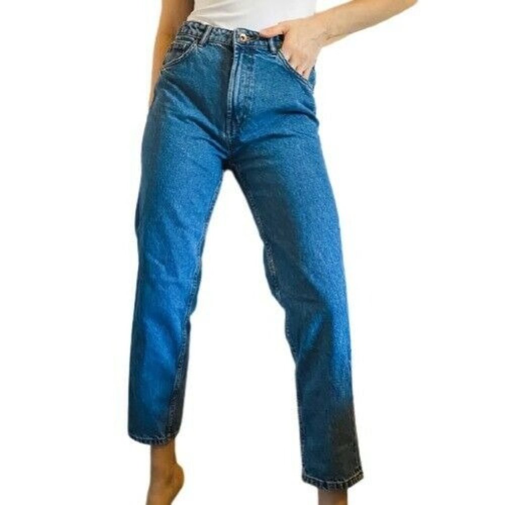 Zara Womens Blue High Rise Crop Mom Jeans